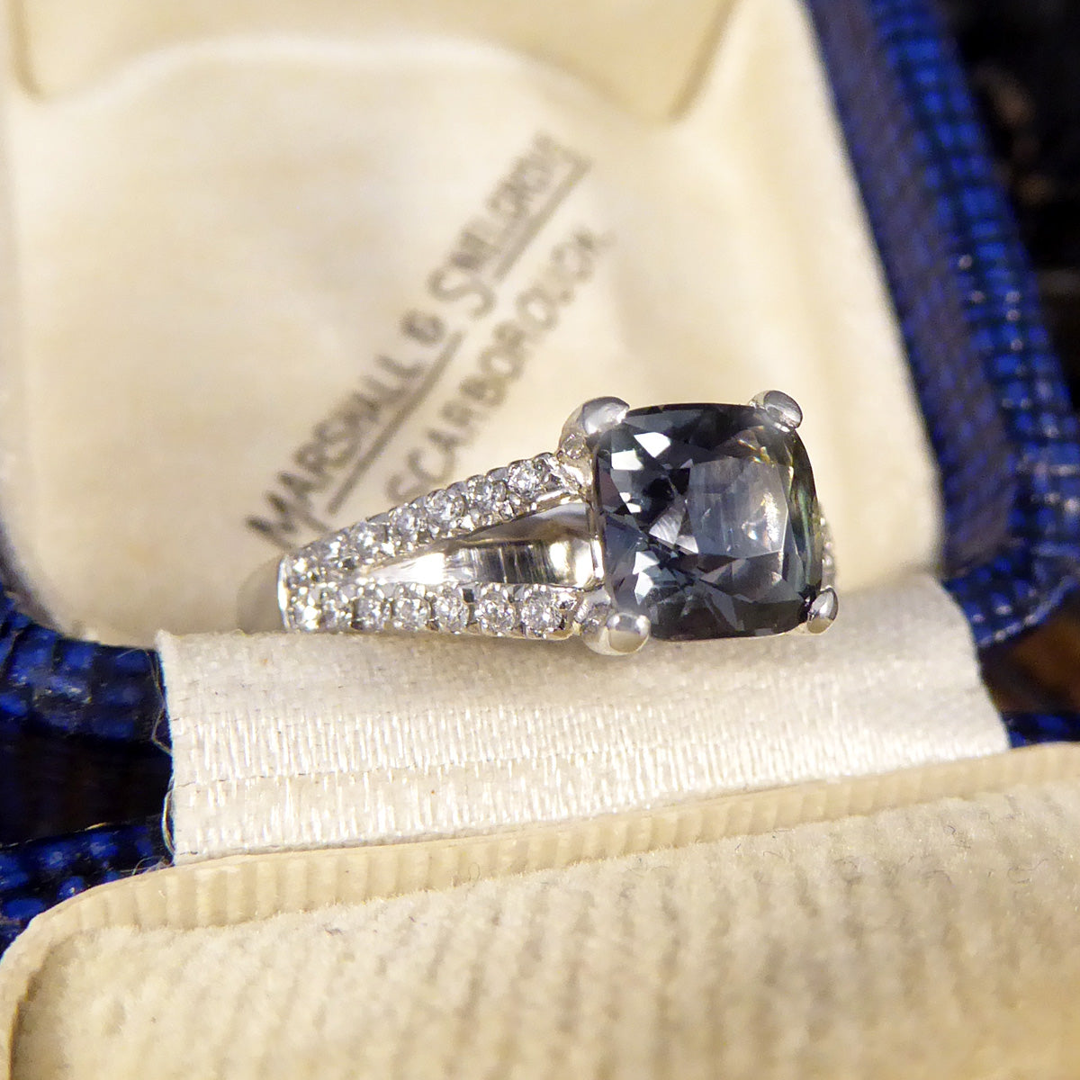 Teal Sapphire and Diamond set Split Shoulders in Platinum - Wharfedale Antiques