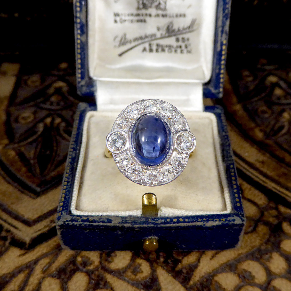 Cabochon Cut Sapphire and Diamond Cluster Ring in 18ct Gold - Wharfedale Antiques