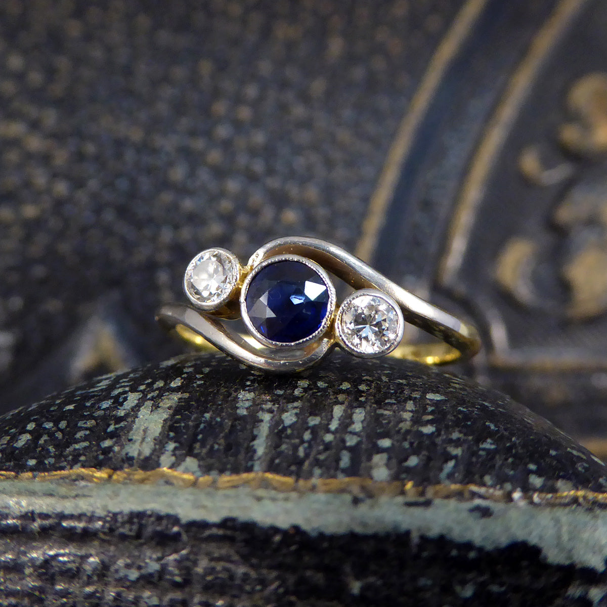 Edwardian Sapphire & Diamond Three Stone Crossover Ring in 18ct Gold and Platinum - Wharfedale Antiques