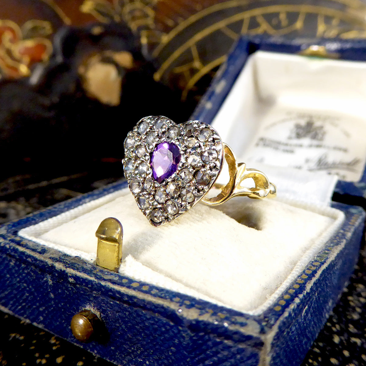 Early Victorian Style Amethyst and Rose Cut Diamond Heart Ring in 18ct Gold - Wharfedale Antiques