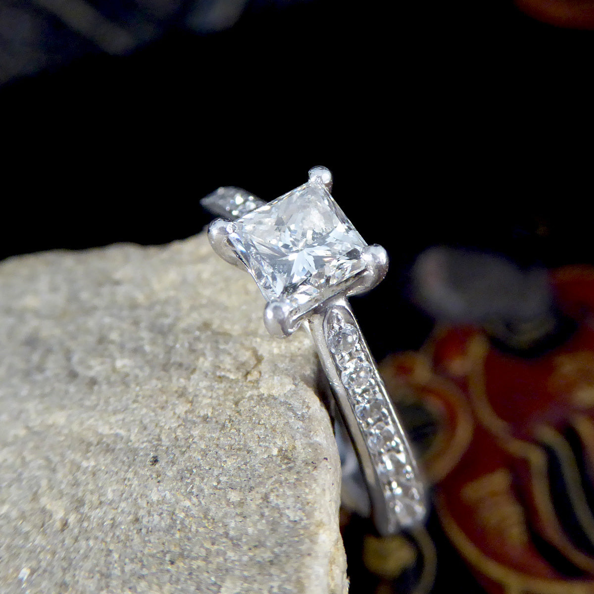Princess Cut Diamond Engagement Ring with Diamond Set Shoulders in Platinum - Wharfedale Antiques