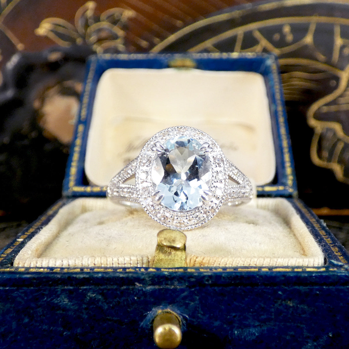 Aquamarine and Diamond Cluster Ring with Diamond Split Shoulder in White Gold - Wharfedale Antiques