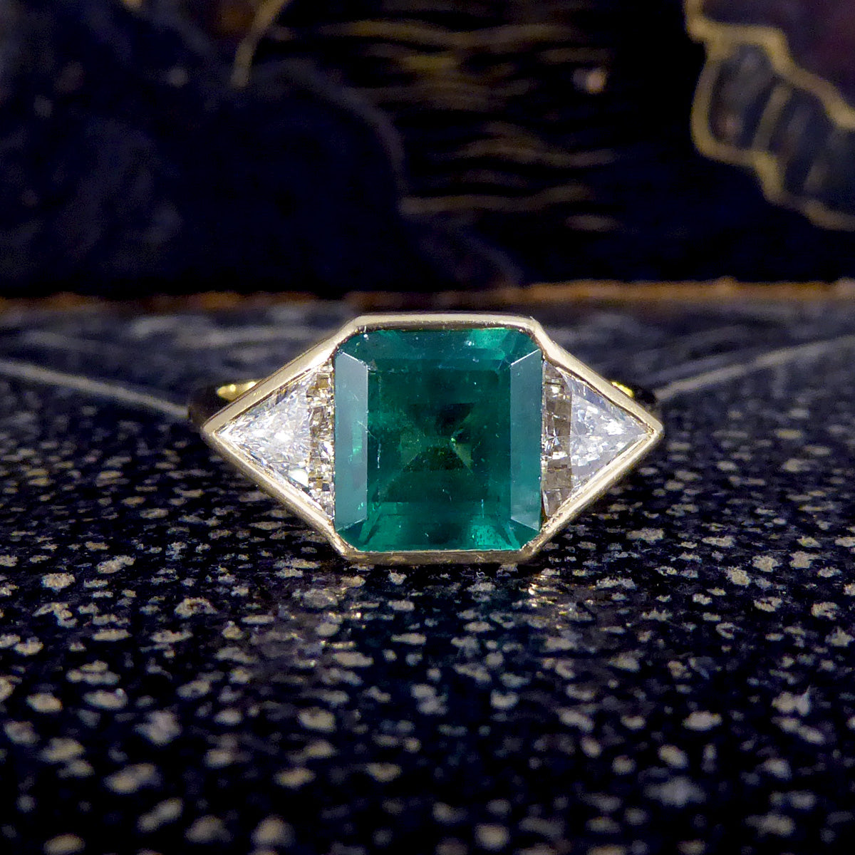 Vintage Emerald and Trillian Cut Diamond Three Stone in 18ct Yellow Gold - Wharfedale Antiques