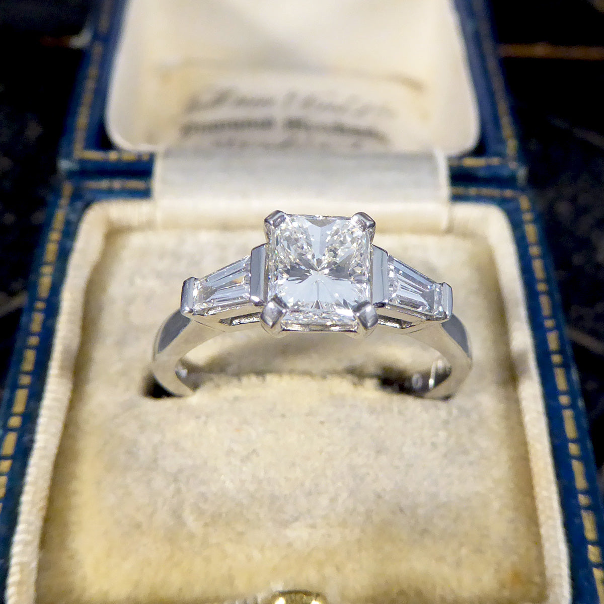 Radiant Cut Diamond Ring with Tapered Baguette Shoulder in Platinum - Wharfedale Antiques