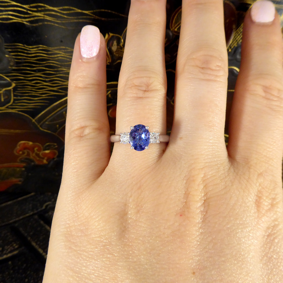 Tanzanite and Diamond Three Stone Ring in 18ct White Gold - Wharfedale Antiques