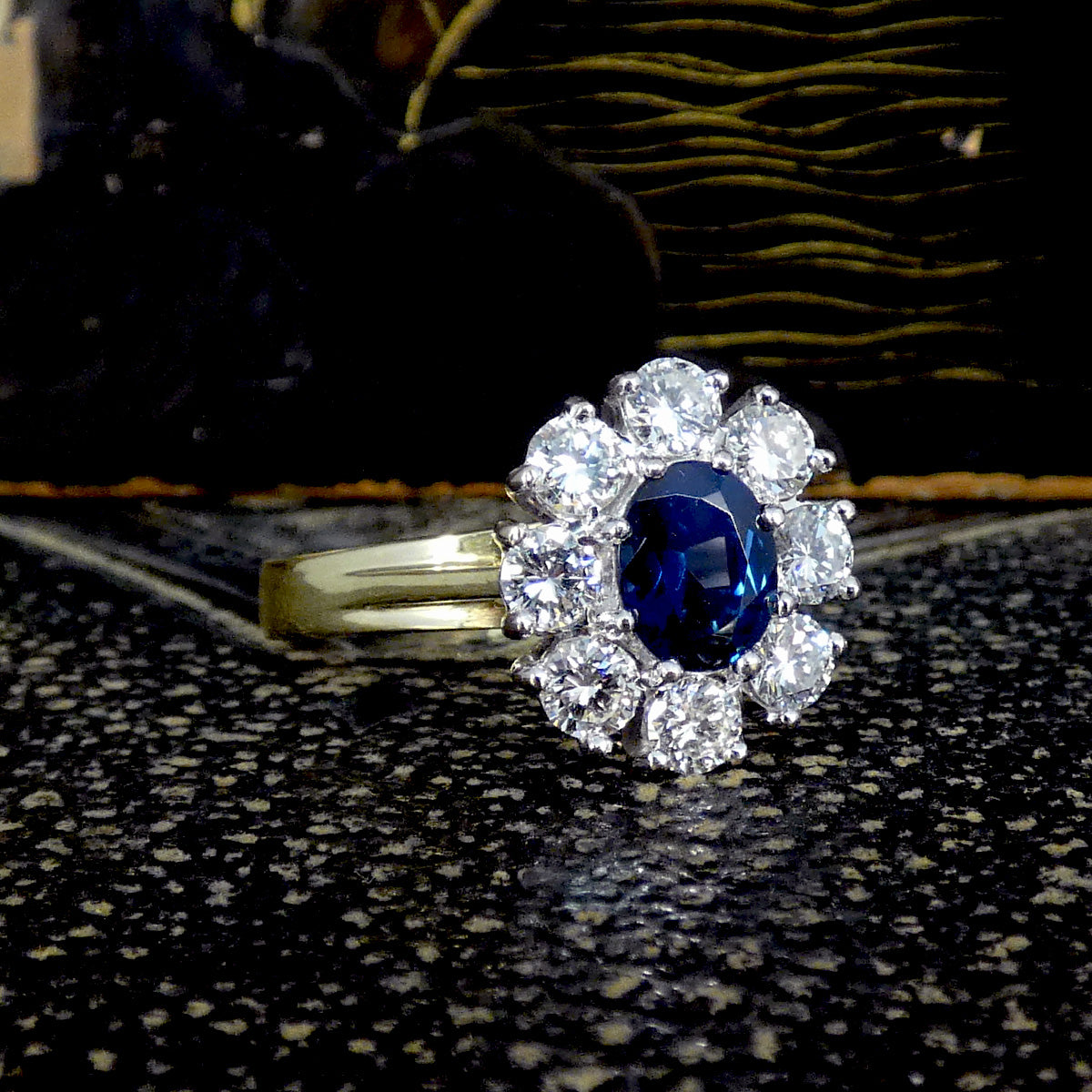 Sapphire and Diamond Oval Cluster Ring in 18ct Yellow and White Gold - Wharfedale Antiques
