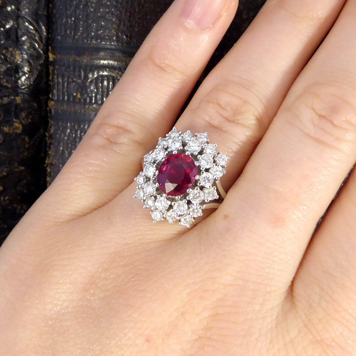 Contemporary 1.80ct No Heat Ruby and 1.28ct Diamond Double Cluster Ring in 18ct White Gold - Wharfedale Antiques