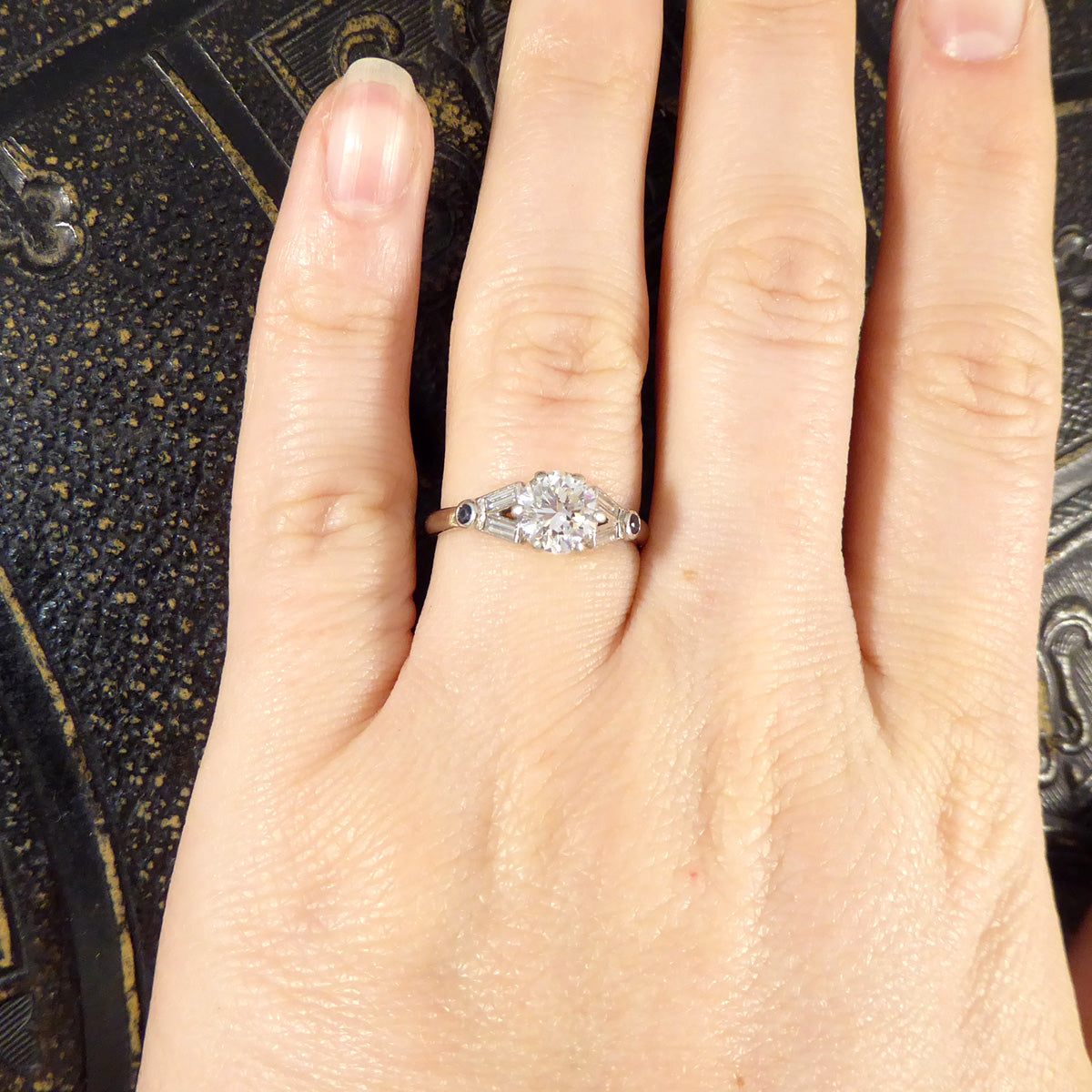 Art Deco 1.10ct Diamond Solitaire Engagement Ring with Diamond and Sapphire Shoulders in Platinum - Wharfedale Antiques