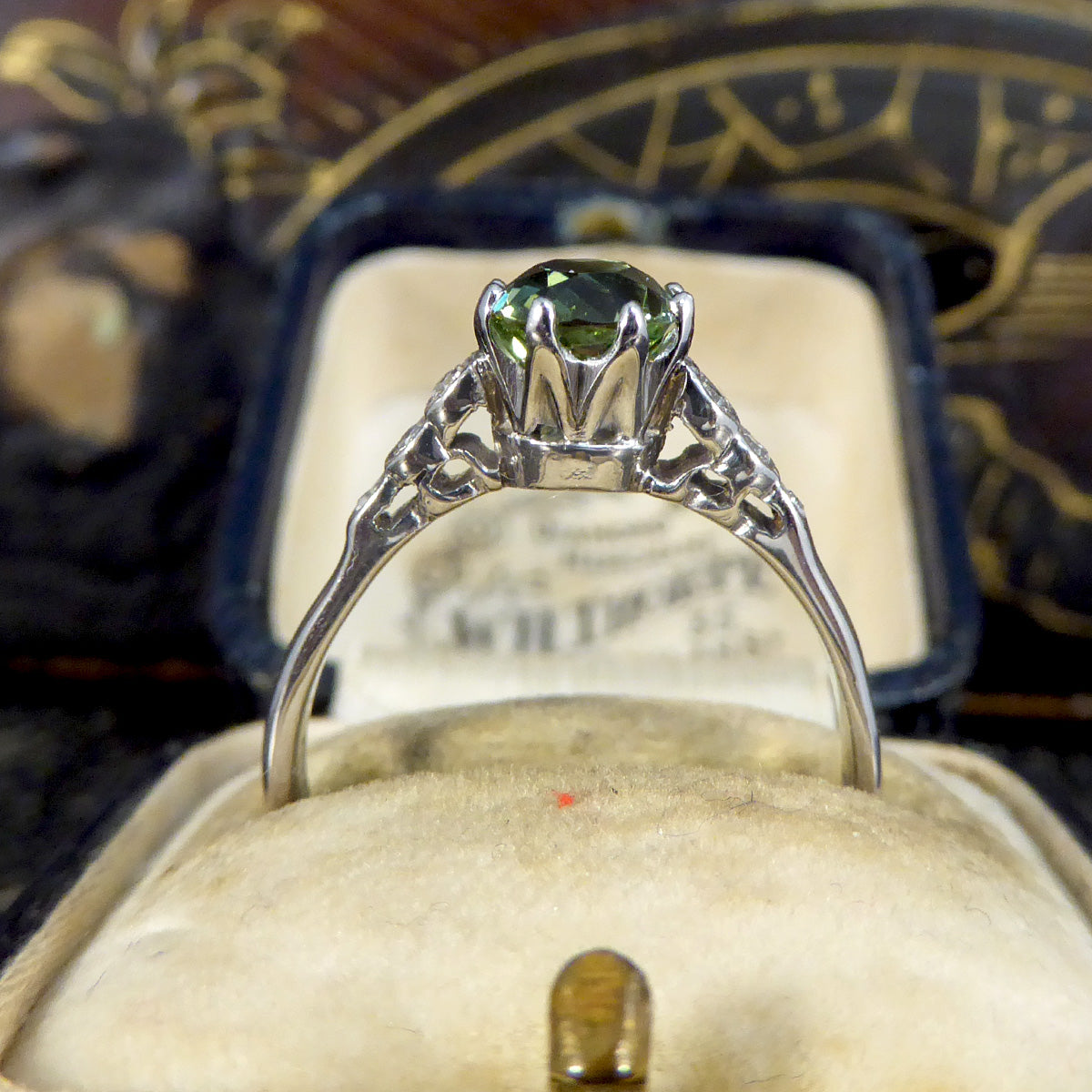 Enchanting Green Tourmaline Ring with Diamond Shoulders in 18ct White Gold - Wharfedale Antiques
