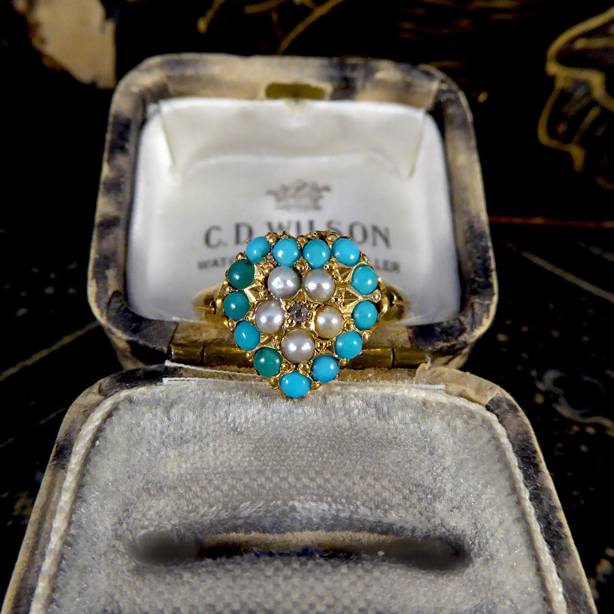 Victorian Heart Shaped Turquoise Seed Pearl and Diamond Cluster Ring in 18ct Yellow Gold - Wharfedale Antiques