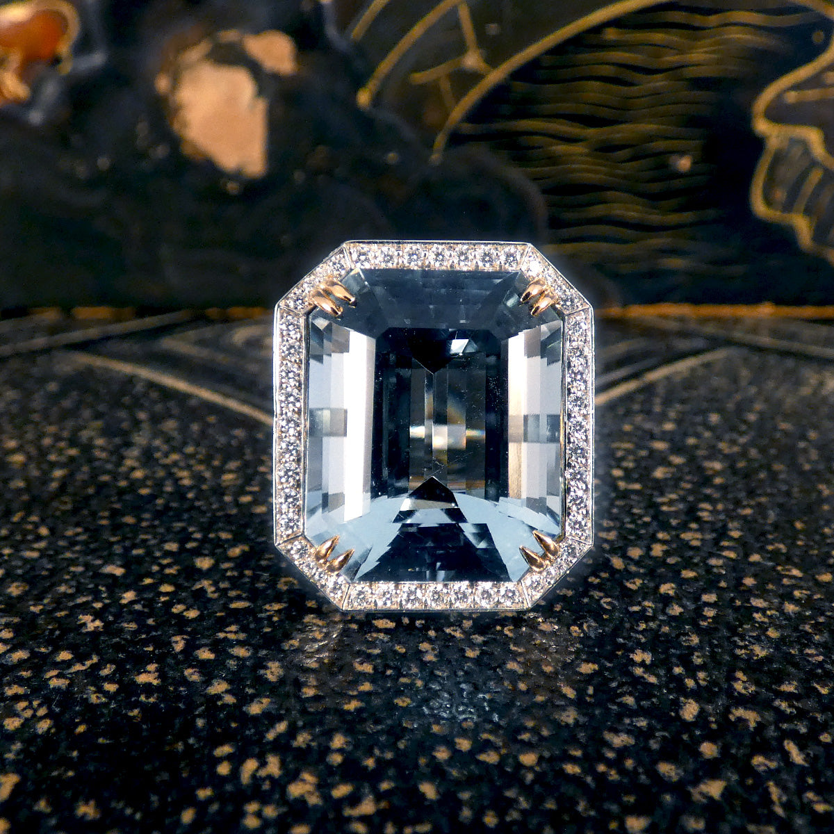 Large Aquamarine and Diamond Halo Ring with Diamond set Shoulders in Platinum - Wharfedale Antiques