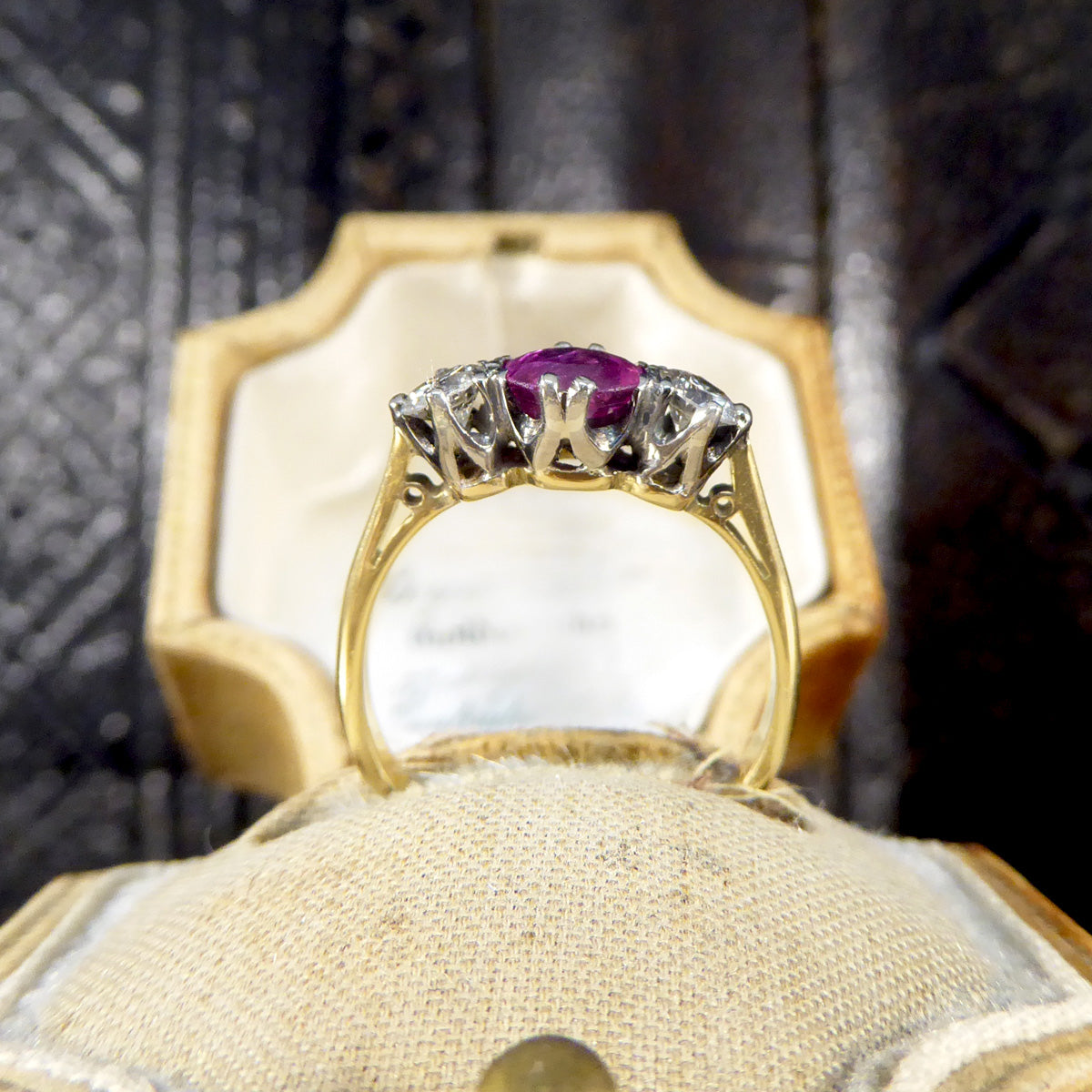 Early 20th Century Ruby and Diamond Three Stone Ring in 18ct Yellow Gold and Platinum - Wharfedale Antiques