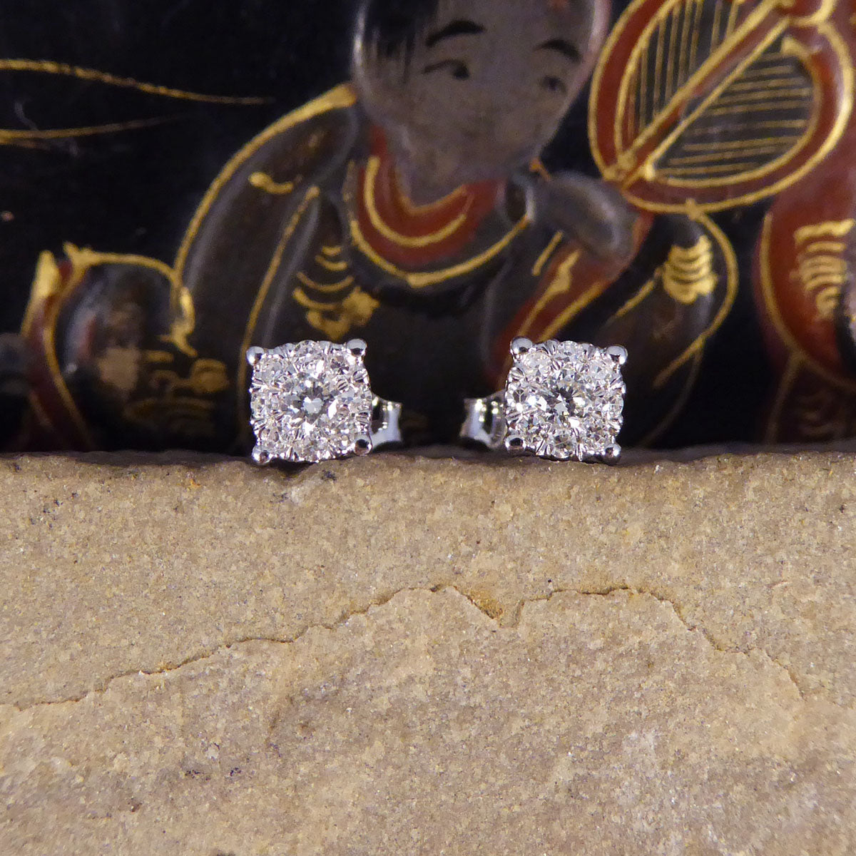 Contemporary 0.20ct Diamond Cluster and 1.00ct Look Earrings in White Gold - Wharfedale Antiques