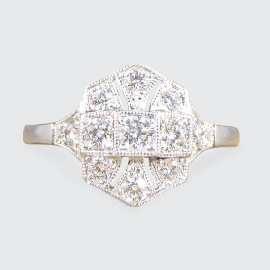 Quality Art Deco Replica Diamond Plaque Ring in 18ct White Gold - Wharfedale Antiques