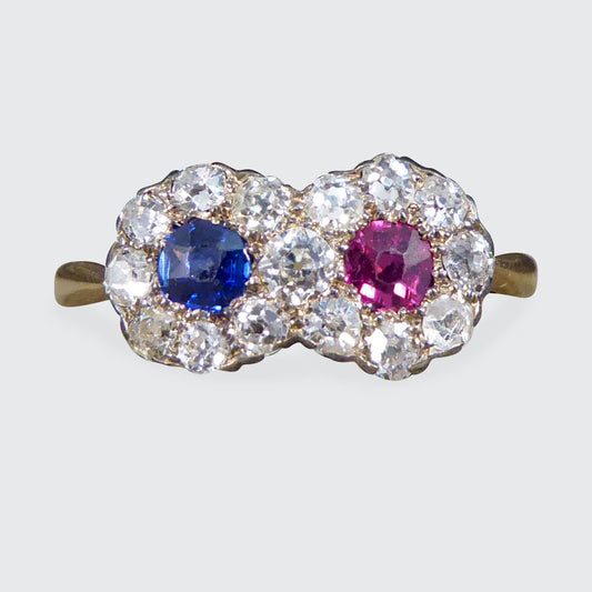 Edwardian Double Sapphire and Ruby Diamond Daisy Cluster Ring in 18ct Yellow Gold - Wharfedale Antiques