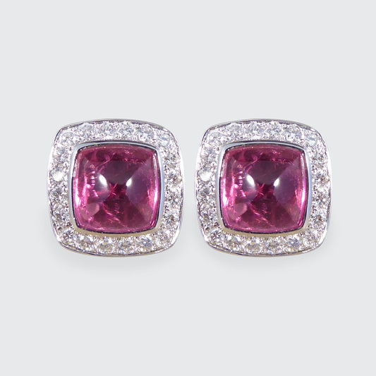 5.78ct Sugarloaf Cut Pink Tourmaline and Diamond Halo Cluster Stud Earrings in 18ct White Gold - Wharfedale Antiques
