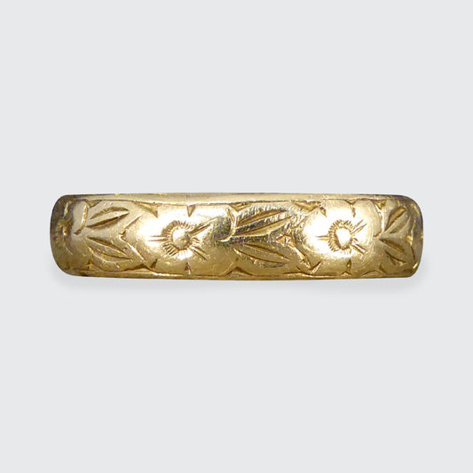 Vintage Floral and Foliage Detailed 18ct Yellow Gold Wedding or Stackable Band - Wharfedale Antiques