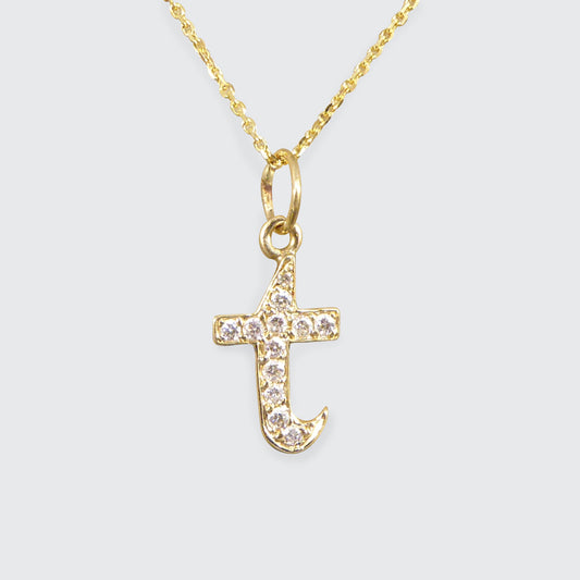 Diamond Set T Initial Pendant in 18ct Yellow Gold on a Yellow Gold Necklace Chain