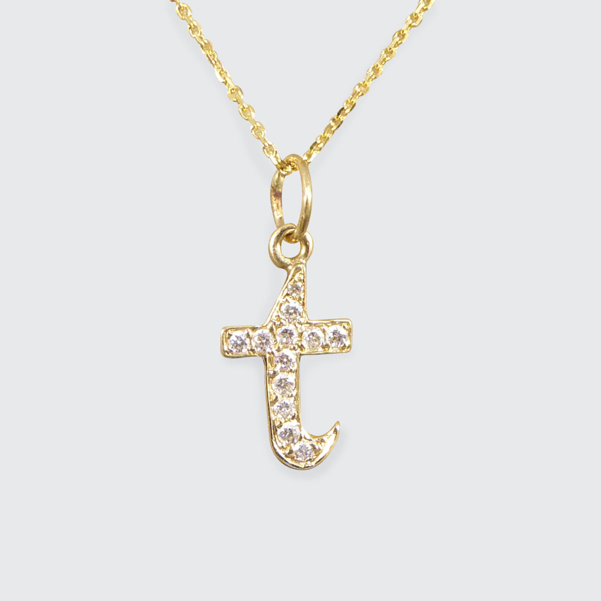Diamond Set T Initial Pendant in 18ct Yellow Gold on a Yellow Gold Necklace Chain - Wharfedale Antiques