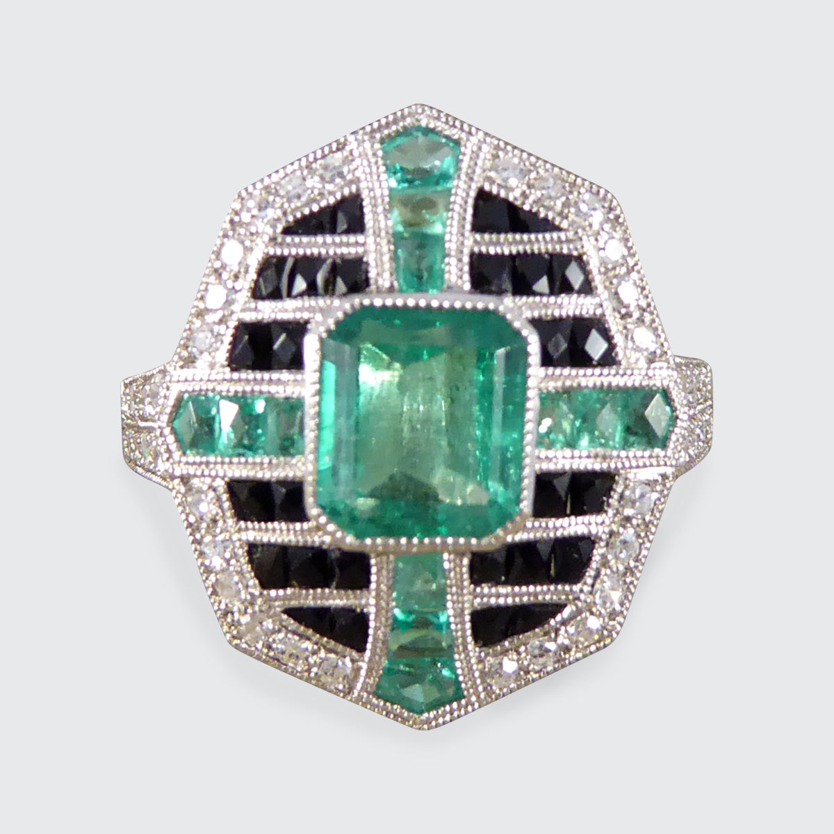 Art Deco Style Vintage Emerald Onyx and Diamond Geometric Cluster Ring in Platinum - Wharfedale Antiques