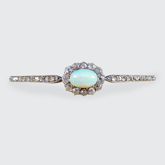 Late Victorian Opal and Diamond Cluster Bangle in 14ct Yellow Gold and Silver