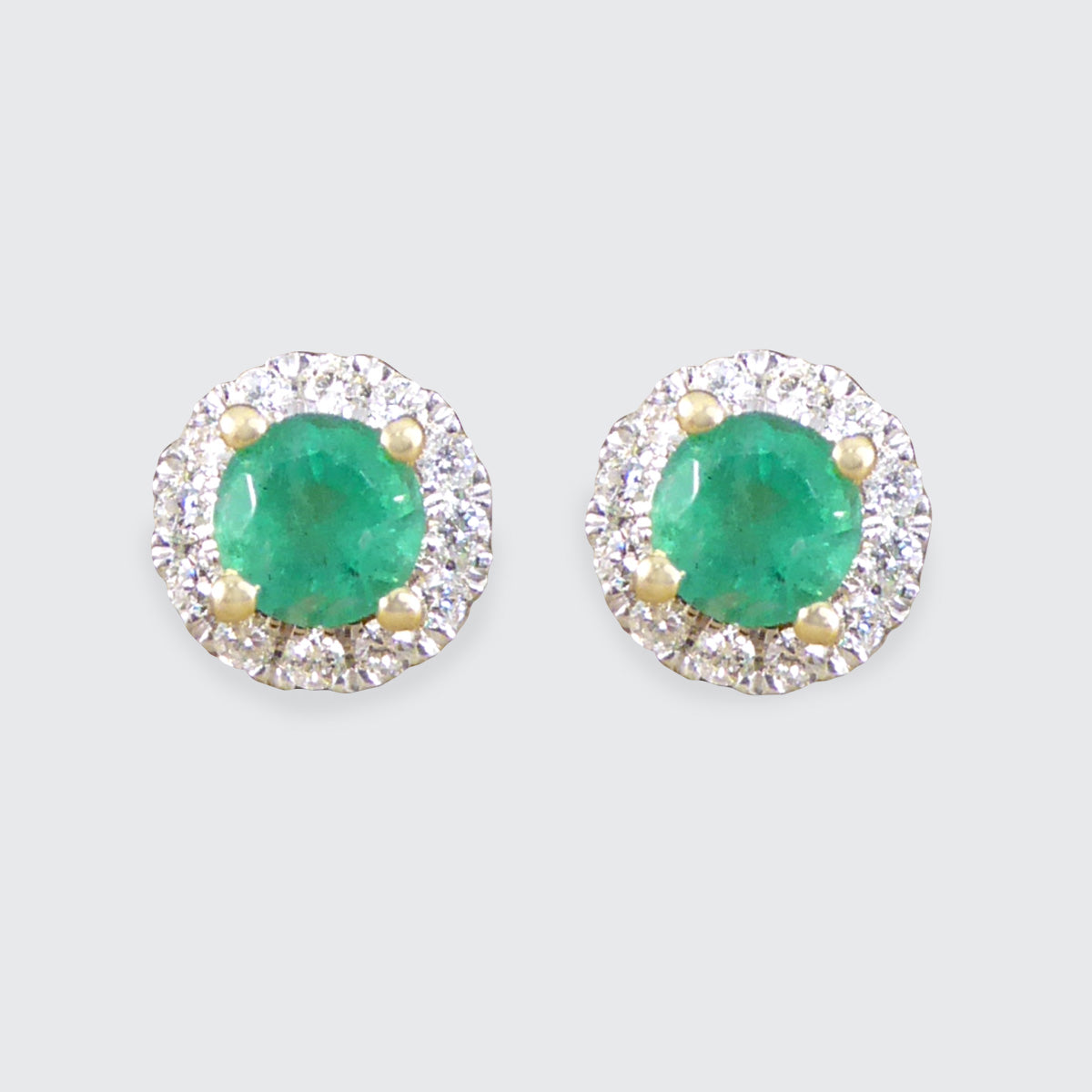 Emerald and Diamond Target Cluster Stud Earrings in 9ct White and Yellow Gold