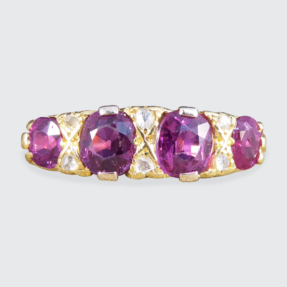 Antique Edwardian 1.18ct Ruby Four Stone Ring with Diamond Spacers Modelled in 18ct Yellow Gold - Wharfedale Antiques