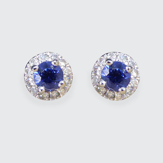 Sapphire and Diamond Target Cluster Stud Earrings in 9ct White Gold