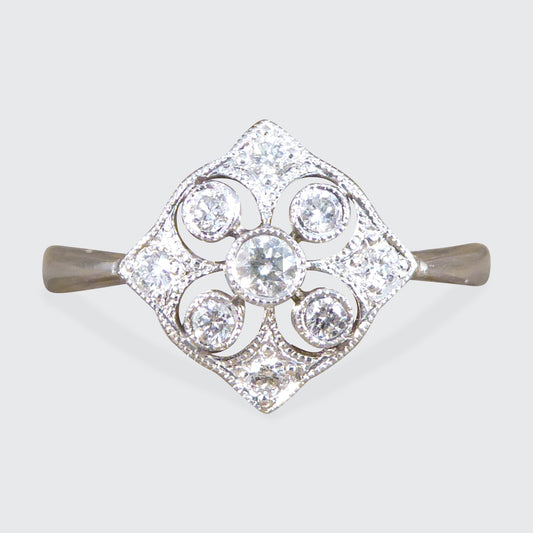 1920's Period Replica Geometric Pattern Diamond Ring in 18ct White Gold - Wharfedale Antiques