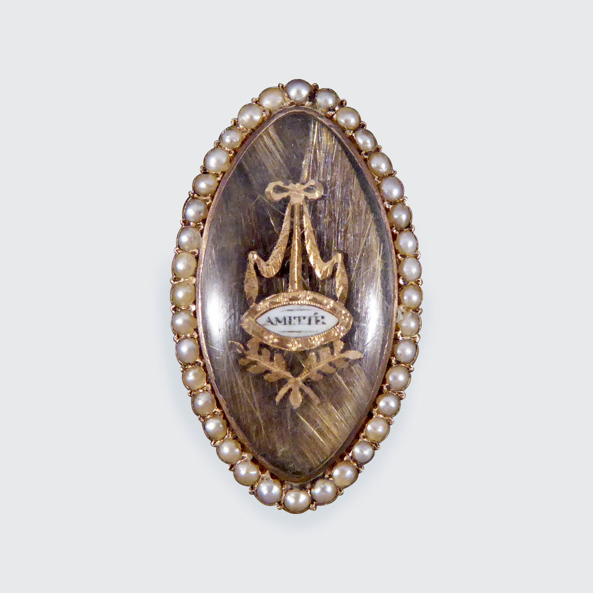 Antique Georgian Amitie Marquise Shaped Seed Pearl Memorial Ring with Platted Hair in Gold - Wharfedale Antiques