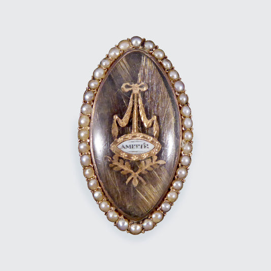 Antique Georgian Amitie Marquise Shaped Seed Pearl Memorial Ring with Platted Hair in Gold - Wharfedale Antiques