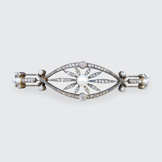 Late Victorian Diamond and Pearl Panel Bracelet in 15ct Yellow Gold and Silver
