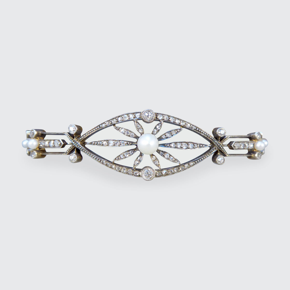 Late Victorian Diamond and Pearl Panel Bracelet in 15ct Yellow Gold and Silver - Wharfedale Antiques