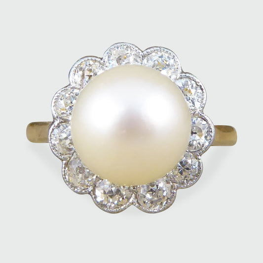 1930's Cultured Pearl and Diamond Cluster Ring in 18ct Gold
