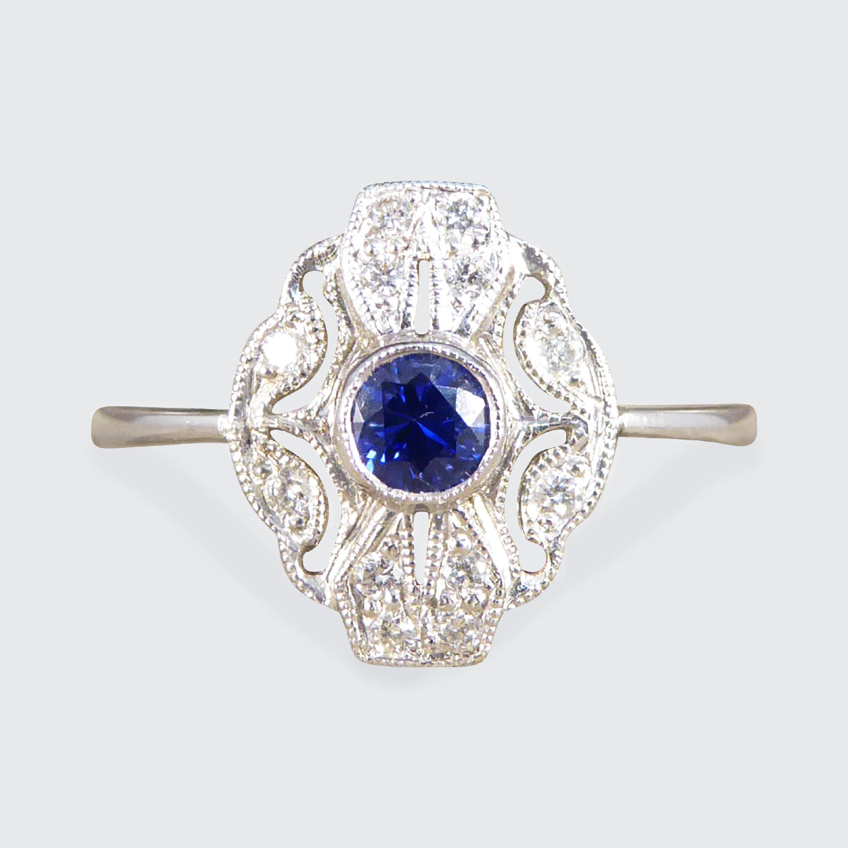 Premium Period Art Deco Replica Sapphire and Diamond Plaque Ring in 18ct White Gold - Wharfedale Antiques