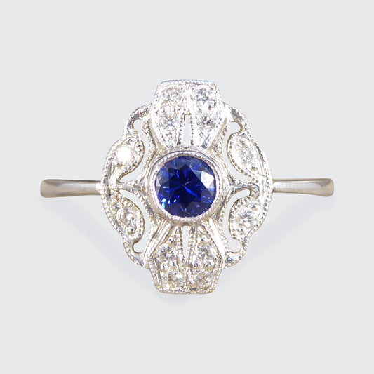 Premium Period Art Deco Replica Sapphire and Diamond Plaque Ring in 18ct White Gold