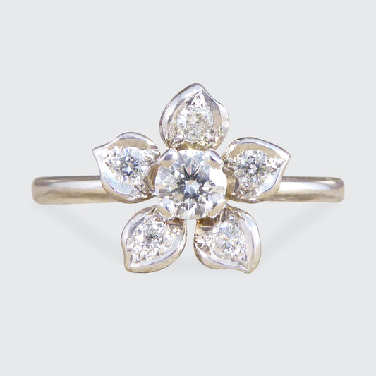 Modern Diamond Set Flower Ring in 18ct White Gold - Wharfedale Antiques