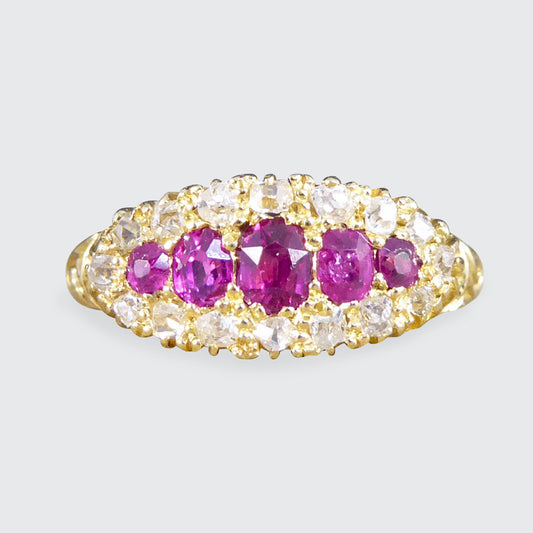 Late Victorian Ruby Five Stone and Diamond Cluster Ring in 18ct Yellow Gold