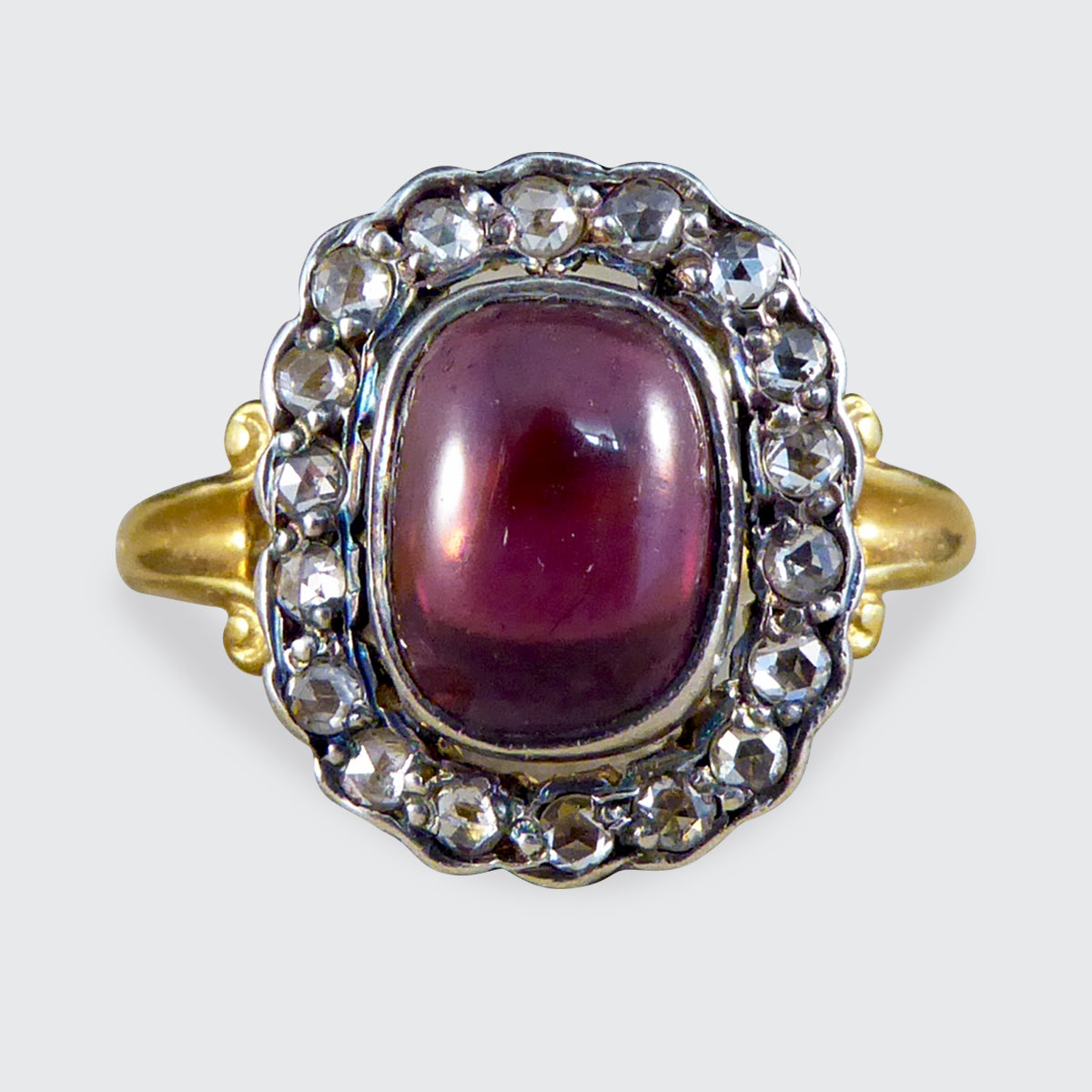 Antique Style Cabochon Garnet and Diamond Cluster Ring in 18ct Yellow Gold - Wharfedale Antiques
