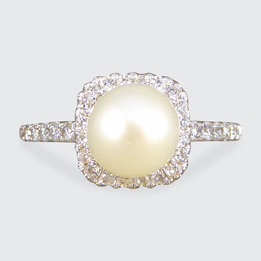 Fresh Water Culture Pearl and Diamond Square Halo Ring in White Gold - Wharfedale Antiques