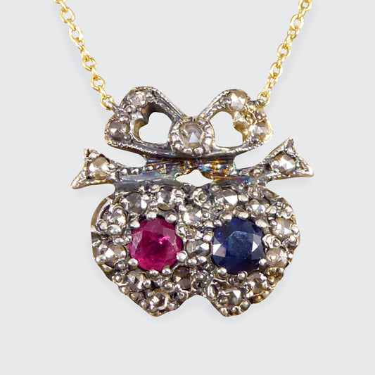 Victorian Inspired Sapphire and Ruby Double Heart Diamond Cluster Necklace with 18ct Yellow Gold Chain