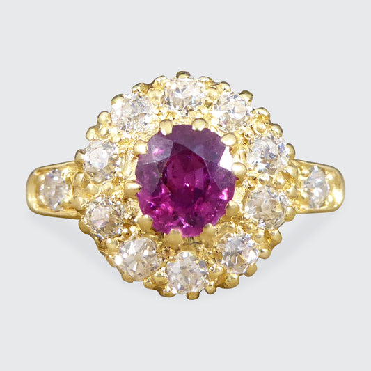 Late Victorian Ruby and Diamond Cluster Ring with Diamond Set Shoulders in 18ct Yellow Gold