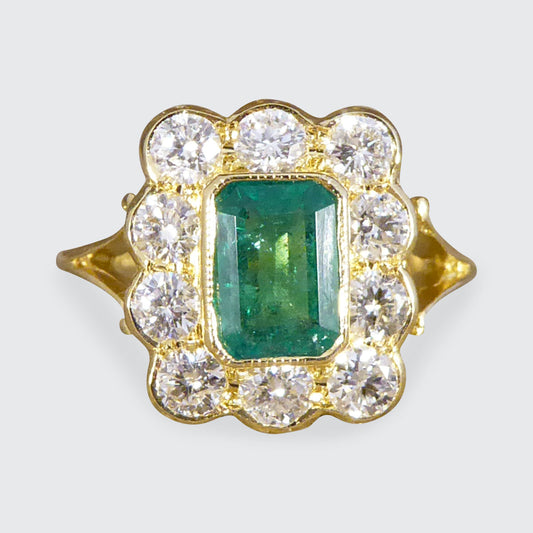 Contemporary Edwardian Style 0.90ct Emerald and 0.90ct Diamond Cluster Ring in 18ct Yellow Gold - Wharfedale Antiques