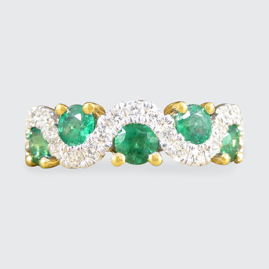 Emerald and Diamond Lazy River Band Ring in 18ct Yellow Gold - Wharfedale Antiques