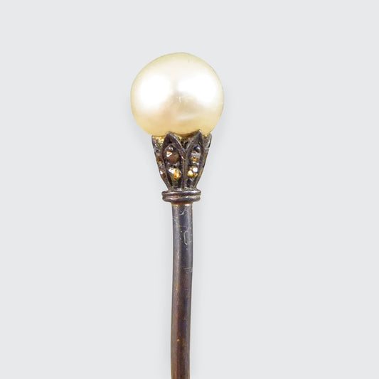 Late Victorian Natural Pearl and Rose cut Diamond Pin in Original Antique Box