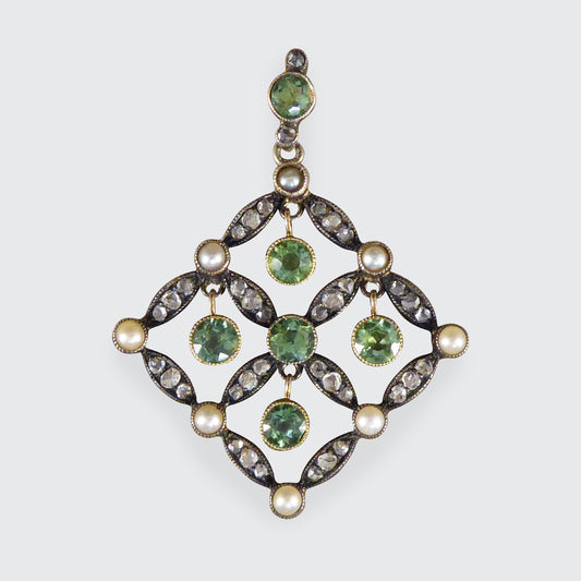 Antique Edwardian Peridot Pearl and Diamond Pendant in Gold and Platinum