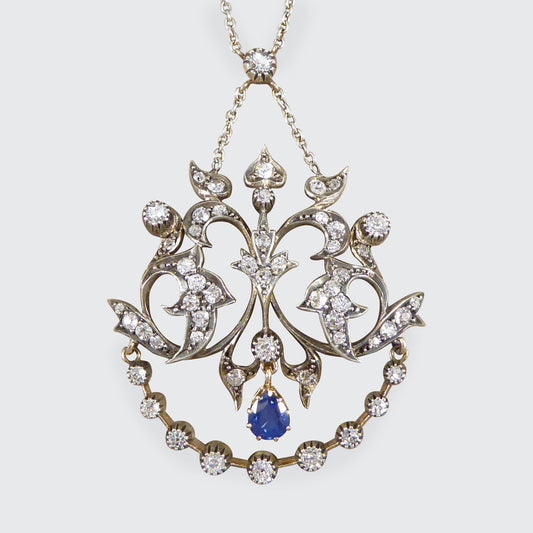 Antique Late Victorian Sapphire and 1.08ct Diamond Total Drop Pendant Necklace Gold Back Silver Front