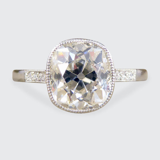 2.35ct Old Cushion Cut Diamond Collar Set Solitaire Engagement Ring with Diamond Shoulders in Platinum - Wharfedale Antiques