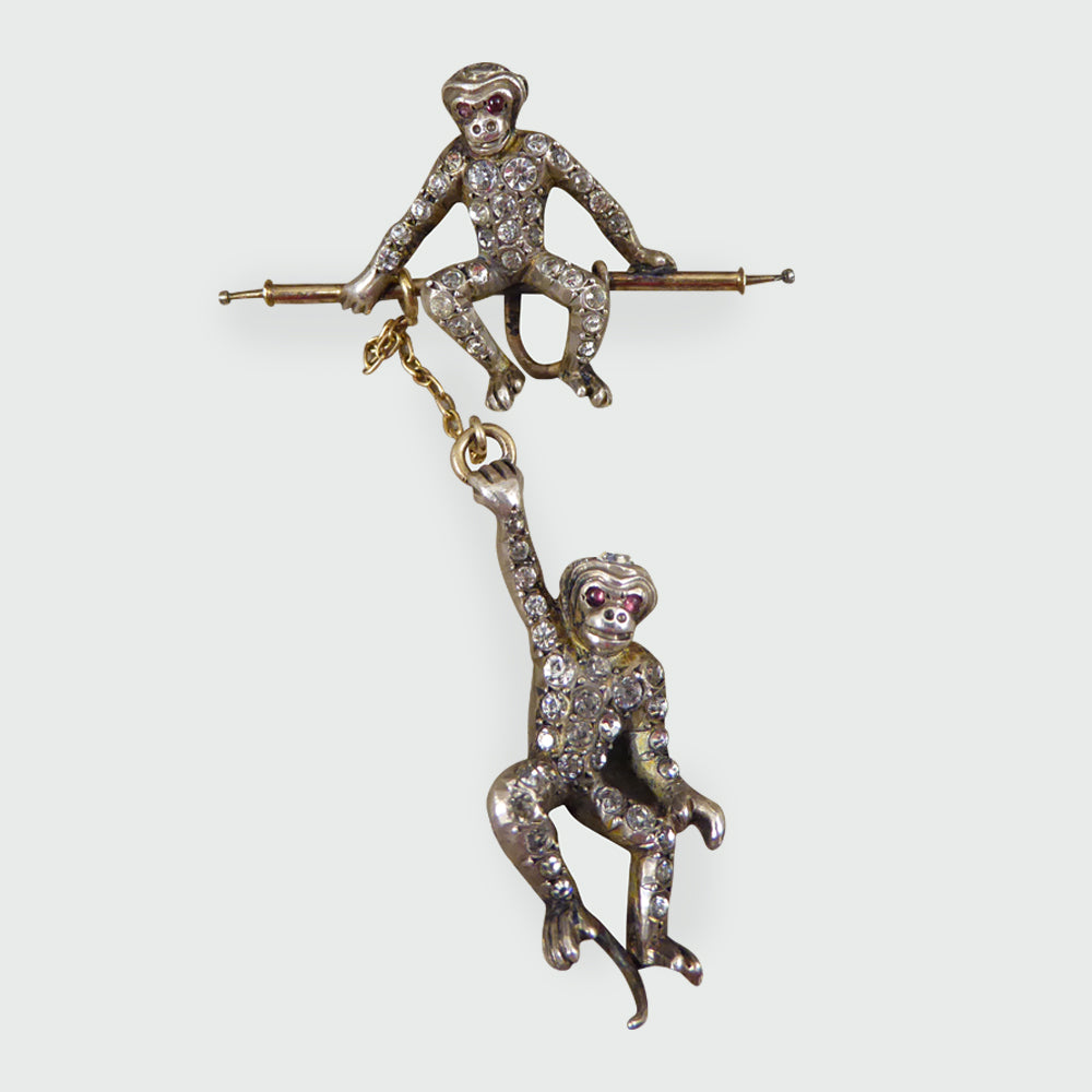 Edwardian Novelty Hanging Paste set Monkeys in 9ct Gold and Silver