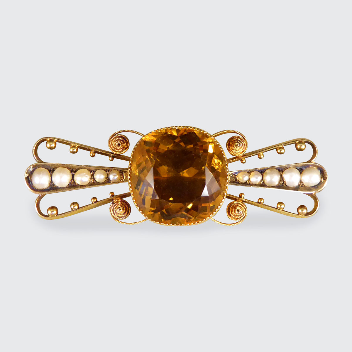 Antique C1900 Collar Set Citrene Brooch with Pearl and Dot Decorative Wings in 15ct Yellow Gold - Wharfedale Antiques